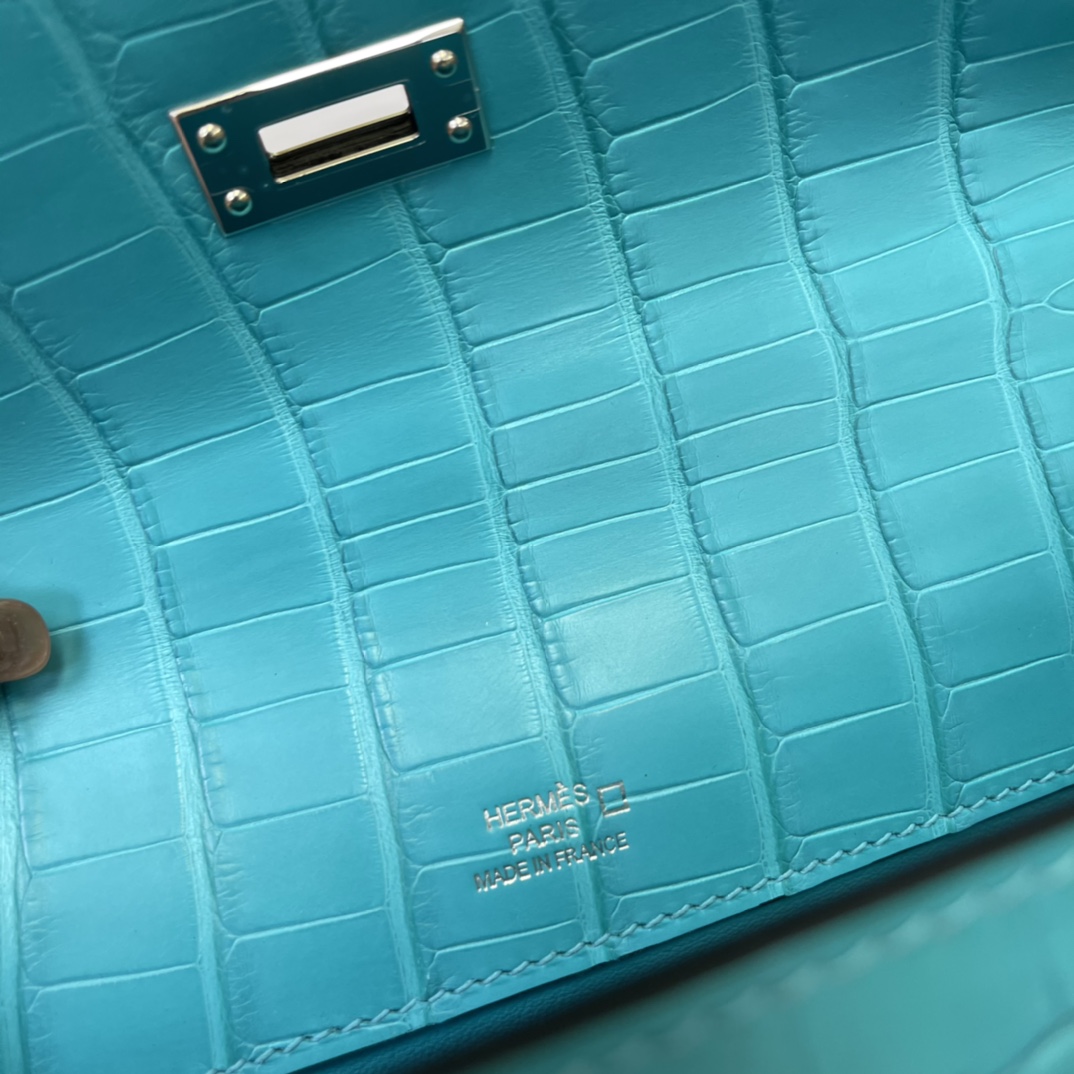 에르메스 켈리 포쉐트 블루 은장 악어가죽